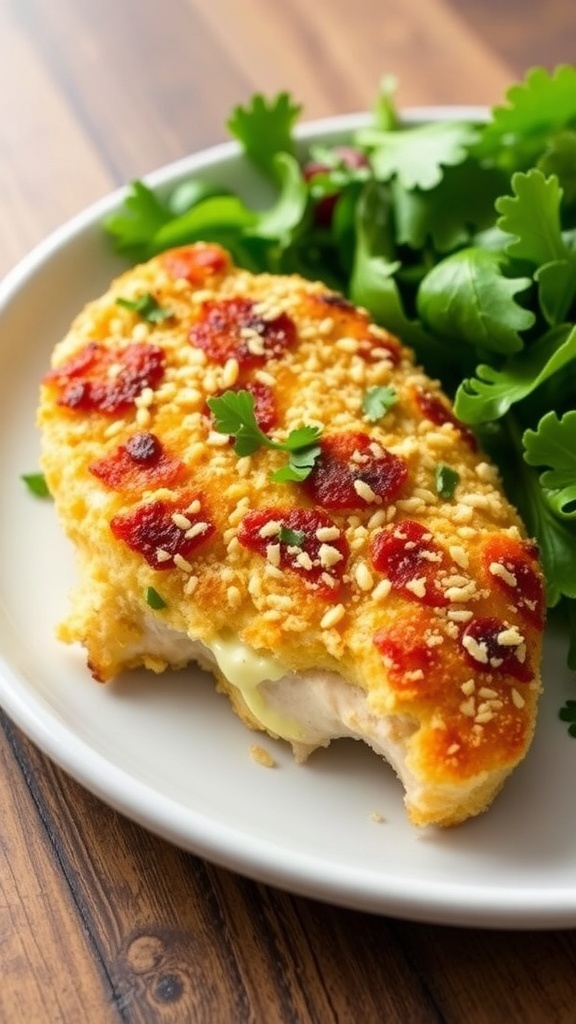 Crispy Parmesan mayo crusted chicken on a plate with salad, garnished with parsley.